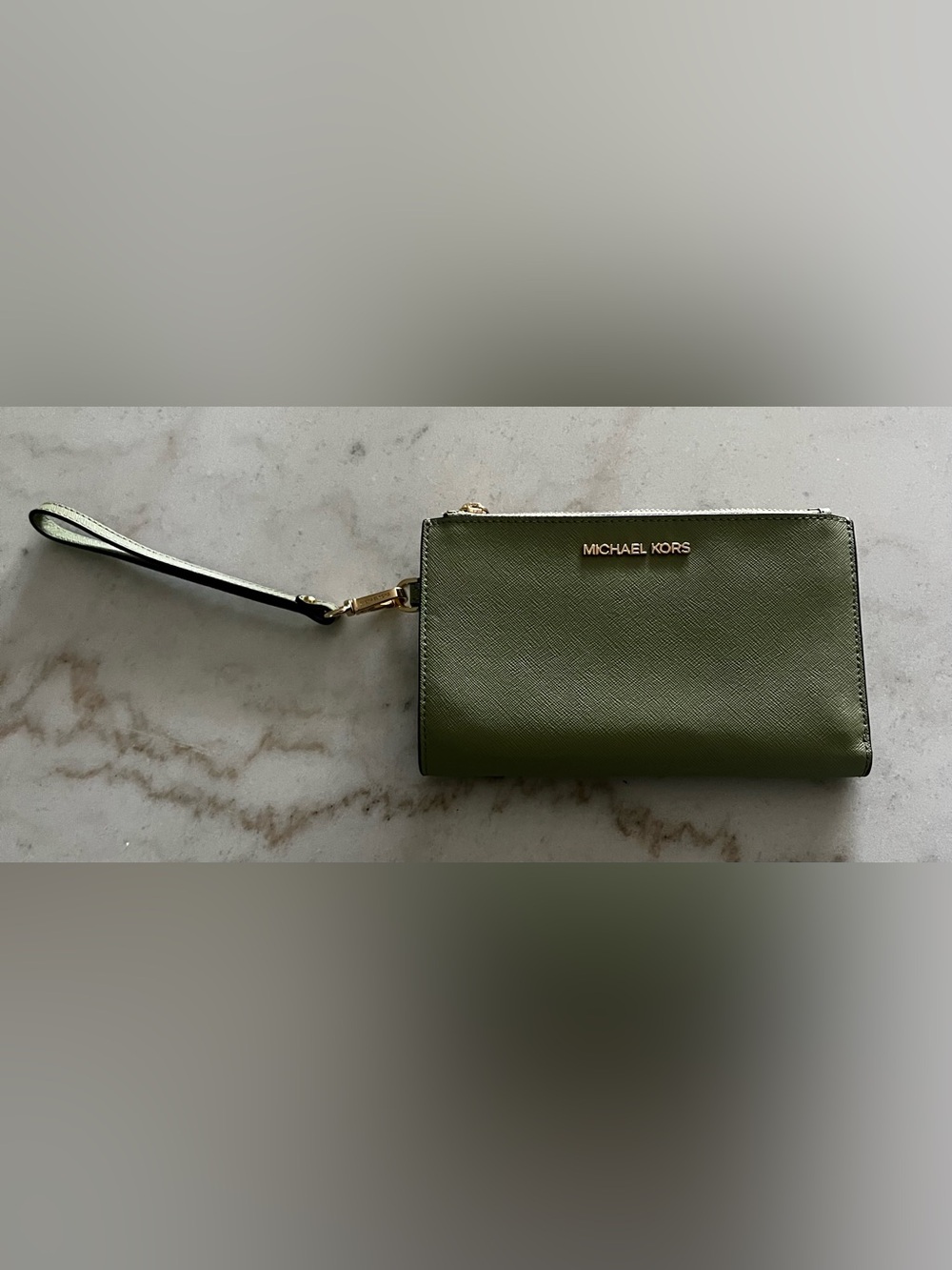 Michael Kors Olive Green Saffiano Leather Clutch with Gold Logo